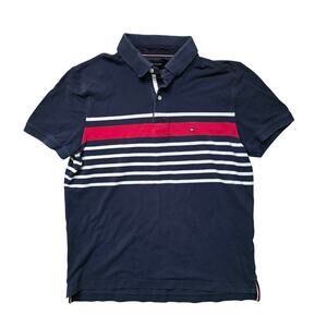 Tommy Hilfiger Polo Shirt Men’s M Navy Blue Striped Chest Cotton Casual